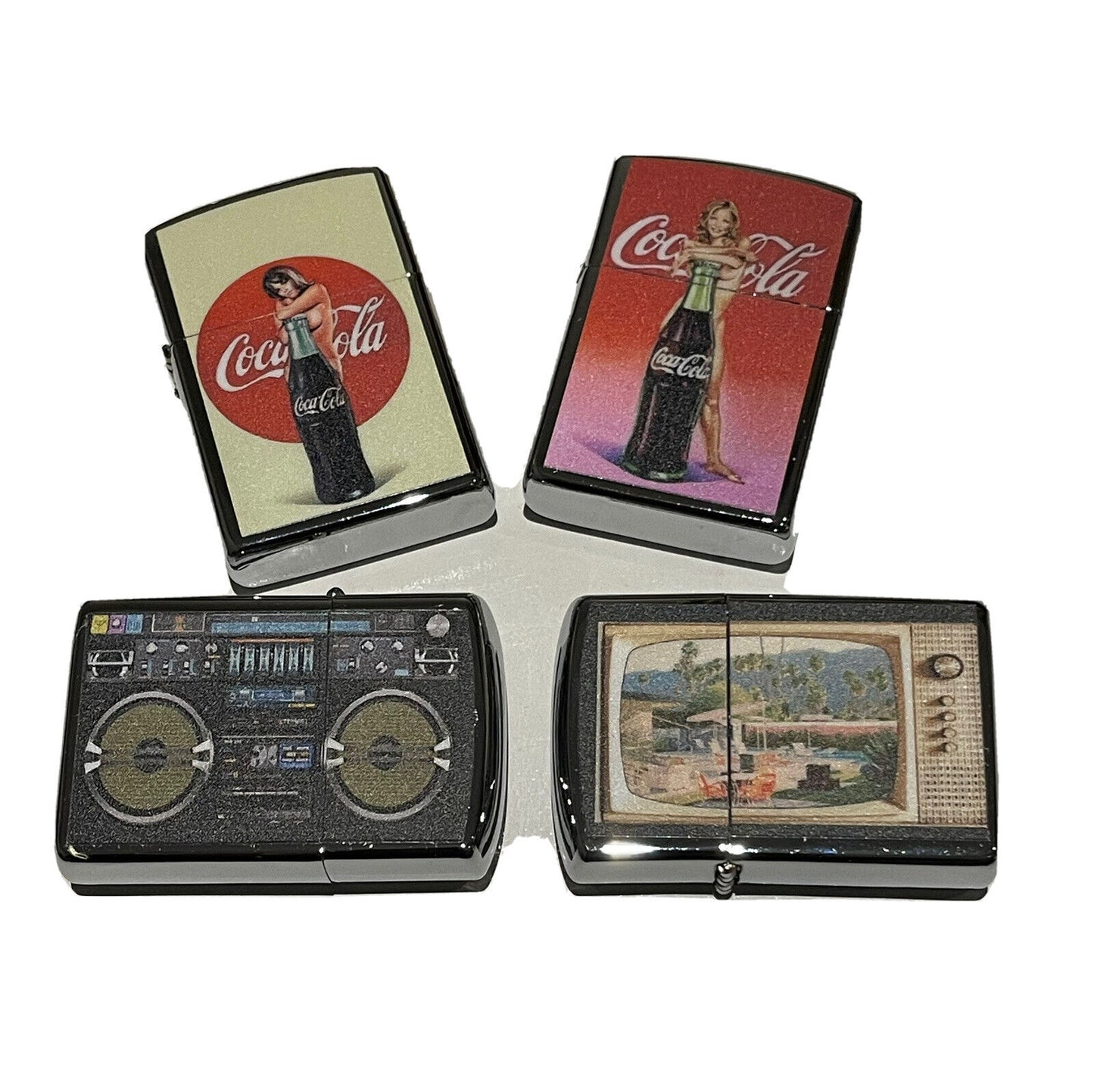 4 PCs set windproof Oil Lighters Unbranded coco cola retro tv boombox designs