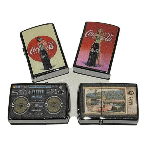4 PCs set windproof Oil Lighters Unbranded coco cola retro tv boombox designs