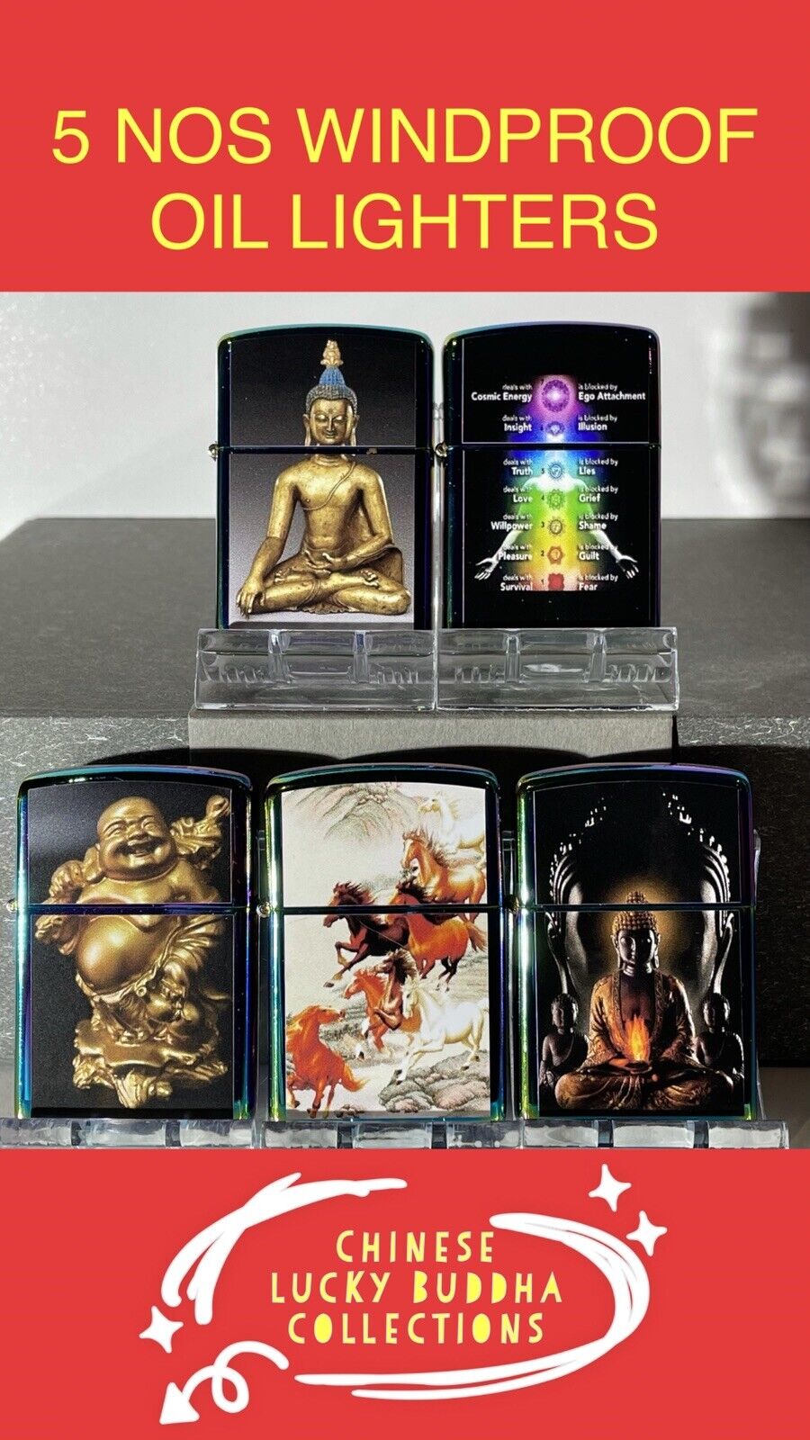 5 Nos Lucky Buddha Windproof Oil Lighters Zippo Fluid Meditation Chinese Horses
