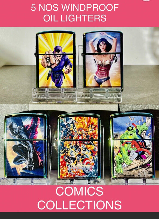 5 Nos Windproof Oil Lighters Zippo Fluid Comic Collections Avengers Spiderman