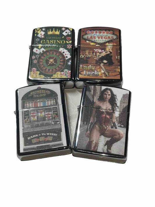 4 PCs Windproof Oil Lighters Las Vegas Casino Nevada Pokies Wonder Woman Design