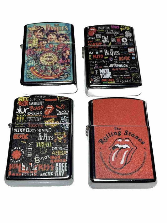 4 PCs Windproof Oil Lighters World Band Names Novelty Gift For Music Lovers