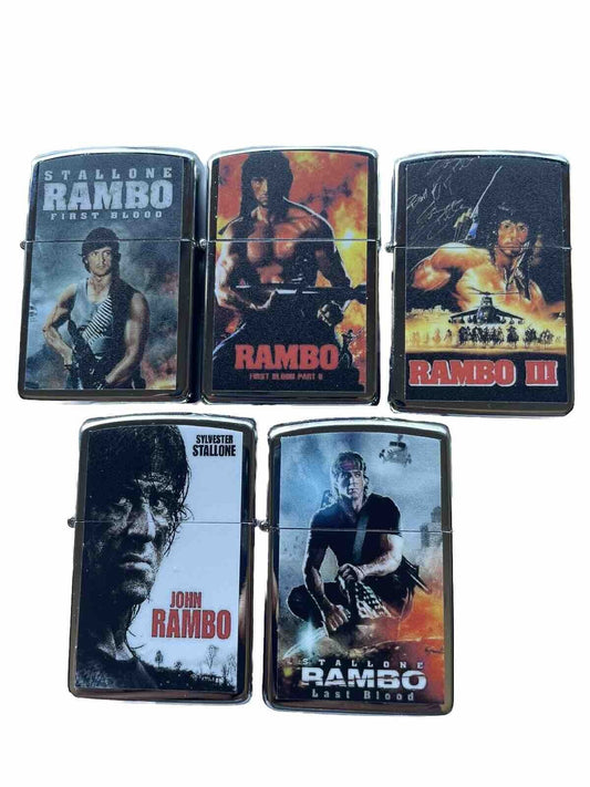 5 PCs Windproof Oil Lighters Set Sylvester Stallone Rambo Movies Poster Full Set