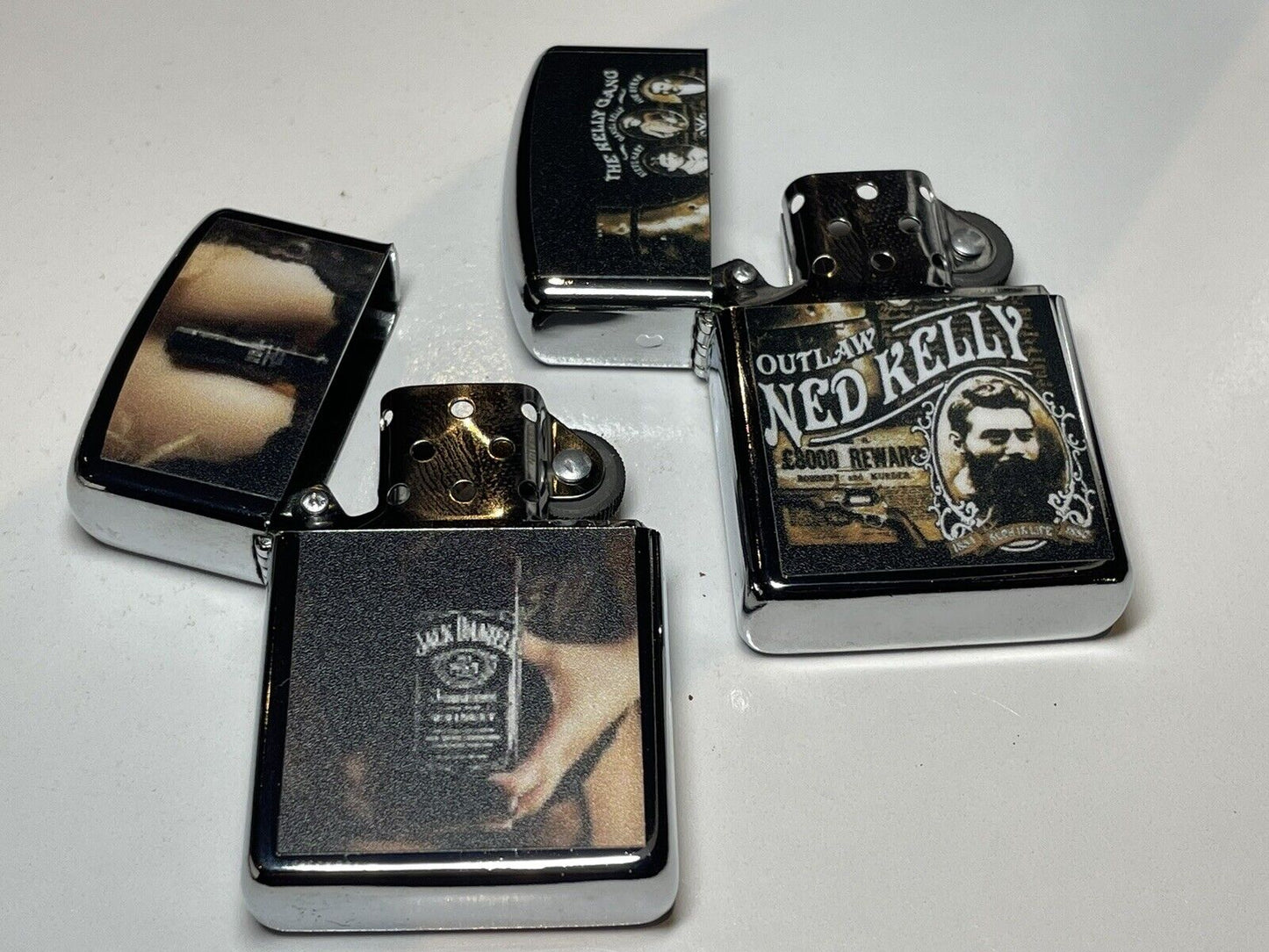 4 PCs Windproof Oil Lighters Vintage Designs Jack Daniels Ned Kelly Pears Soap