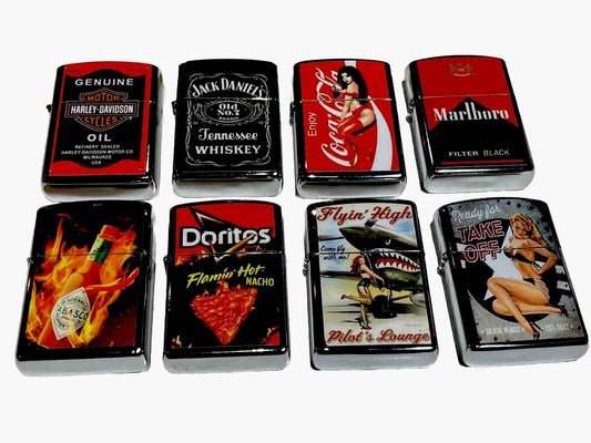 8 Lighters Assorted Design Windproof Vintage Style Designer Lighters Oil Kerosen