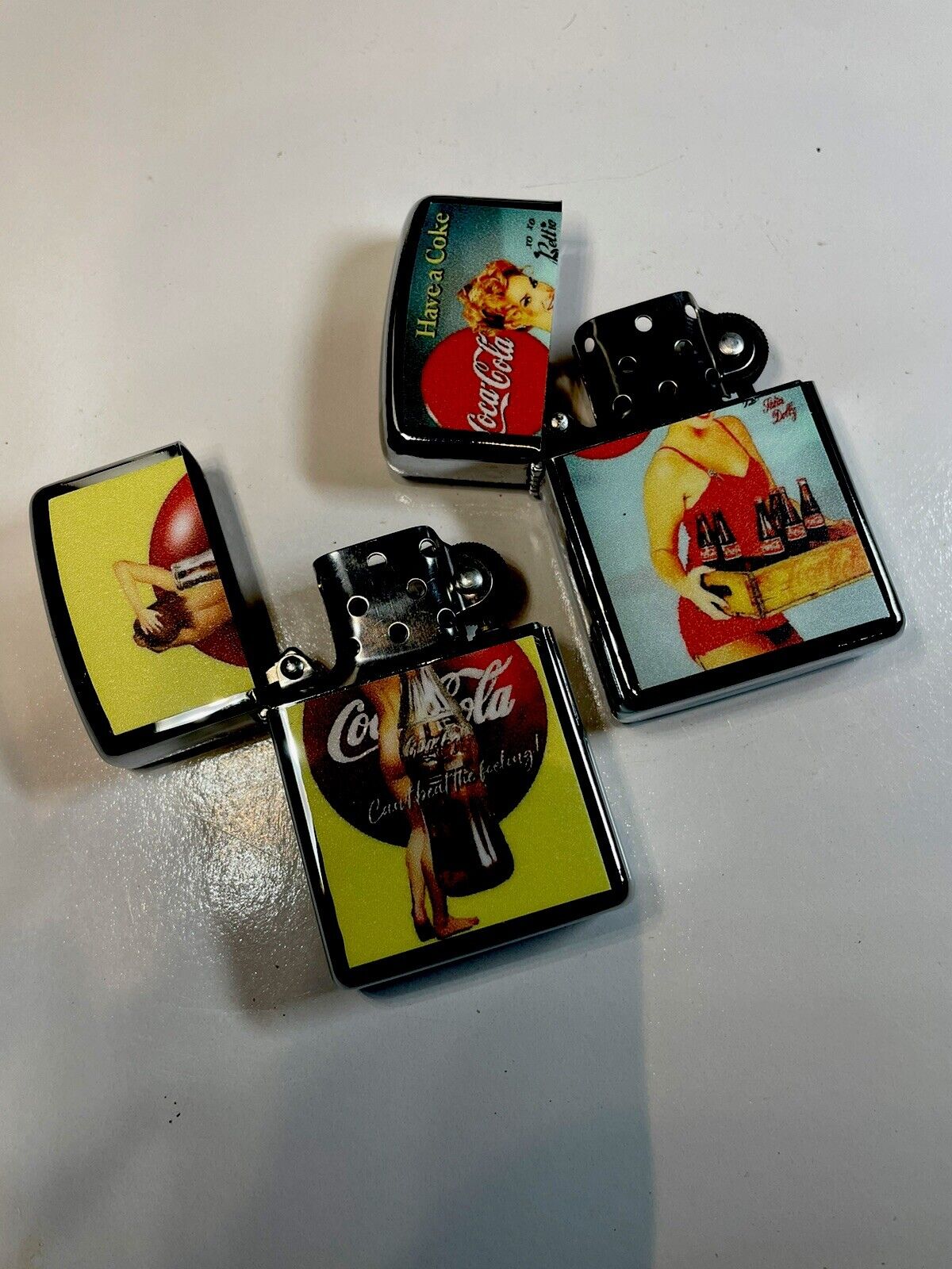 4 PCs Windproof Oil Lighters Coke Coca Cola Novelty Designs Start Collect Hobbie