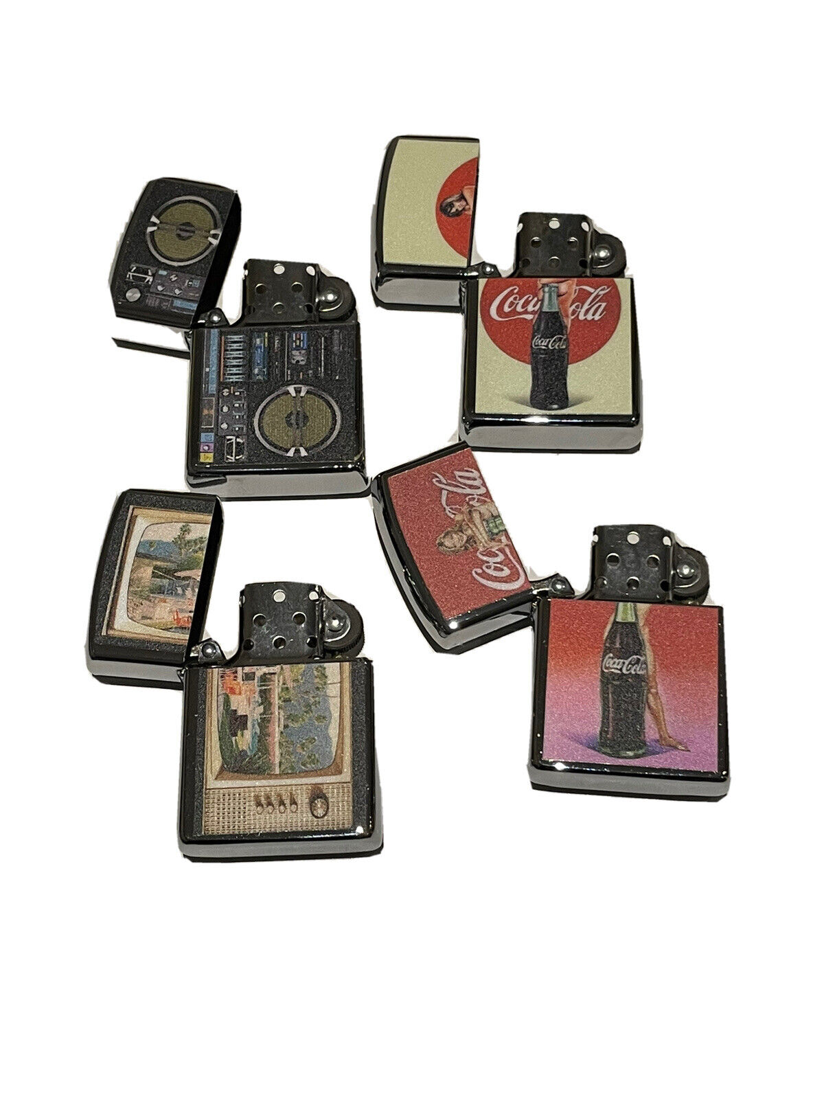 4 PCs set windproof Oil Lighters Unbranded coco cola retro tv boombox designs