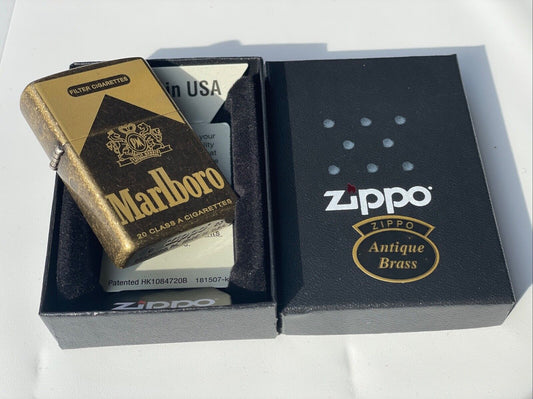 Genuine Zippo Lighter Antique Brass Finish Marlboro Promotional Product Gift USA