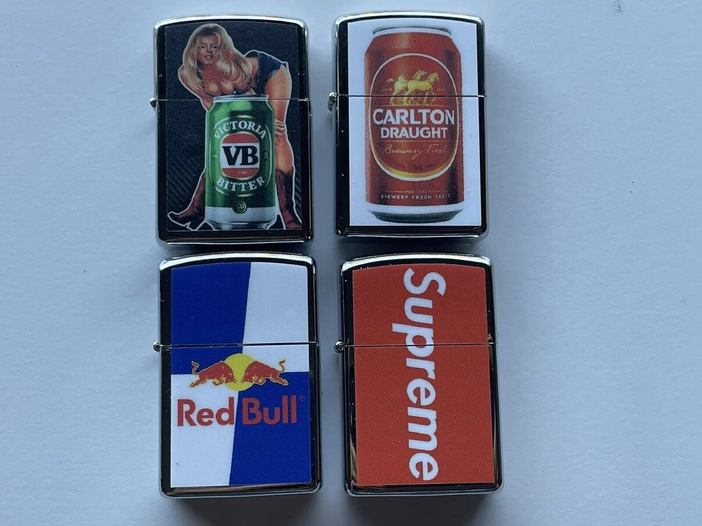4 PCs Windproof Oil Lighters Set Supreme Red Bull VB And Carlton Draught Beers