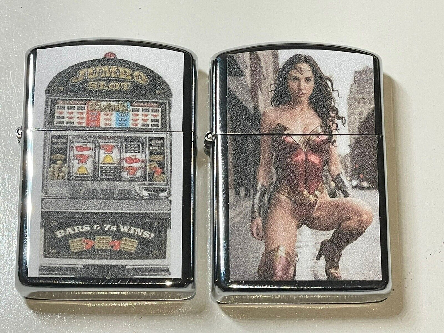 4 PCs Windproof Oil Lighters Las Vegas Casino Nevada Pokies Wonder Woman Design