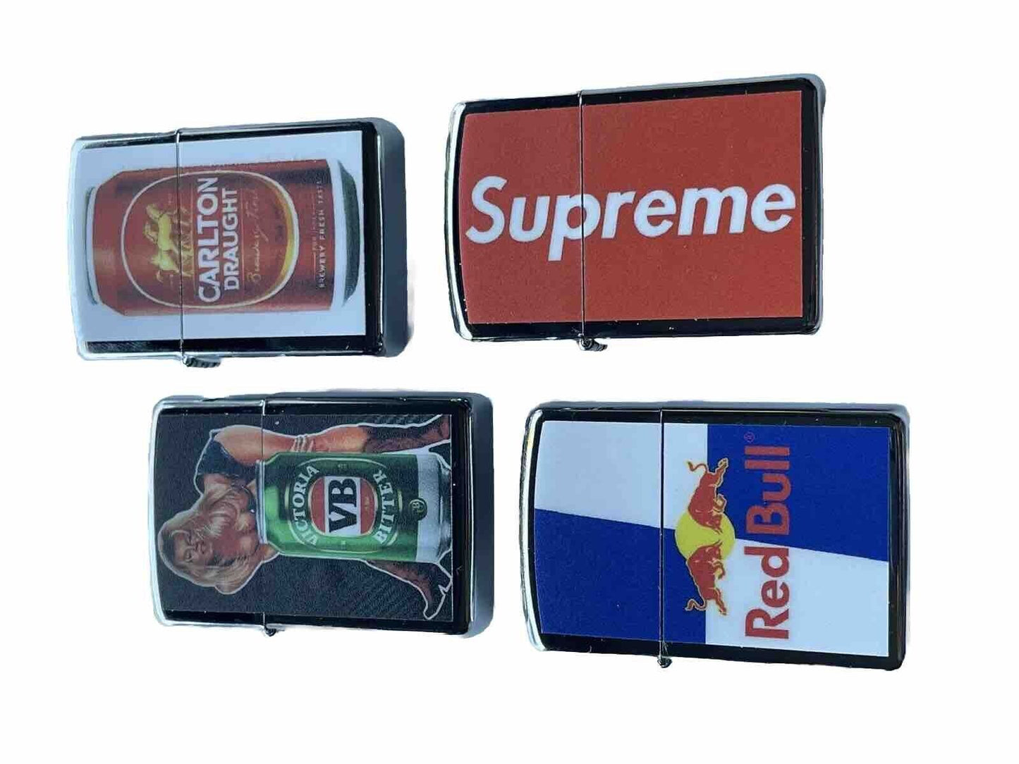 4 PCs Windproof Oil Lighters Set Supreme Red Bull VB And Carlton Draught Beers