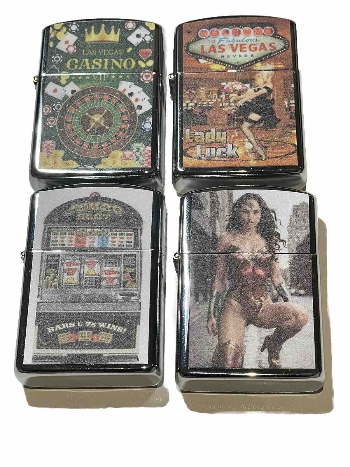 4 PCs Windproof Oil Lighters Las Vegas Casino Nevada Pokies Wonder Woman Design