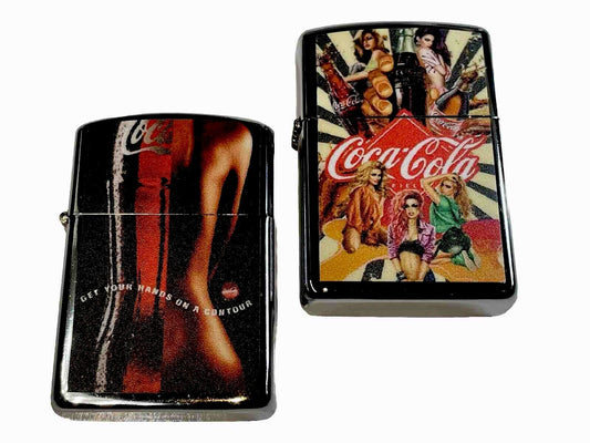 2 PCs Windproof Oil Lighters Coca Cola Collect All Designs Lot In Store Coke Gif