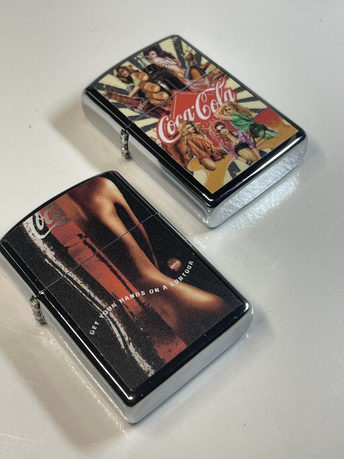 2 PCs Windproof Oil Lighters Coca Cola Collect All Designs Lot In Store Coke Gif