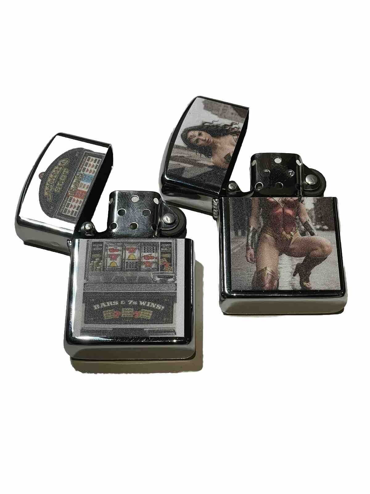4 PCs Windproof Oil Lighters Las Vegas Casino Nevada Pokies Wonder Woman Design