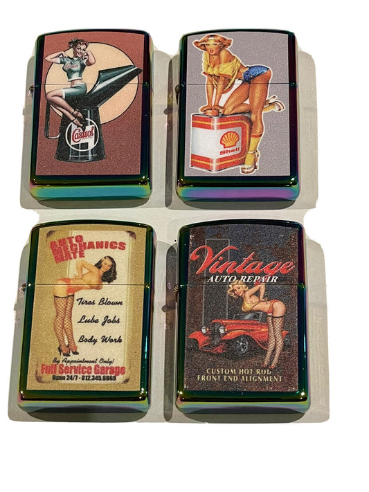 4 PCs  Windproof Oil Lighters Unbranded Shell Castrol  Oil Auto Mechanic Vintage