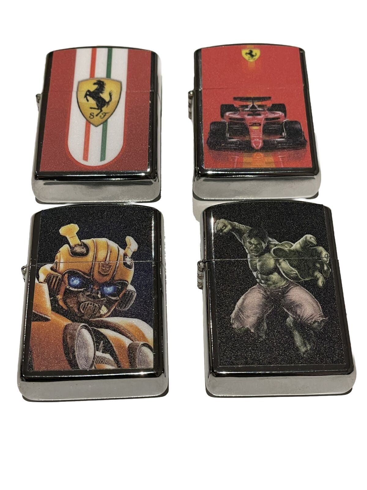4 PCs Windproof Oil Lighters Ferrari  Logo  Bumble Bee  Hulk Unique Lighter Set