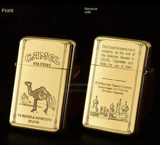 Chief Brass Camel  Slim Design Engraved Both Sides Oil Lighter Fuel Flints Pack