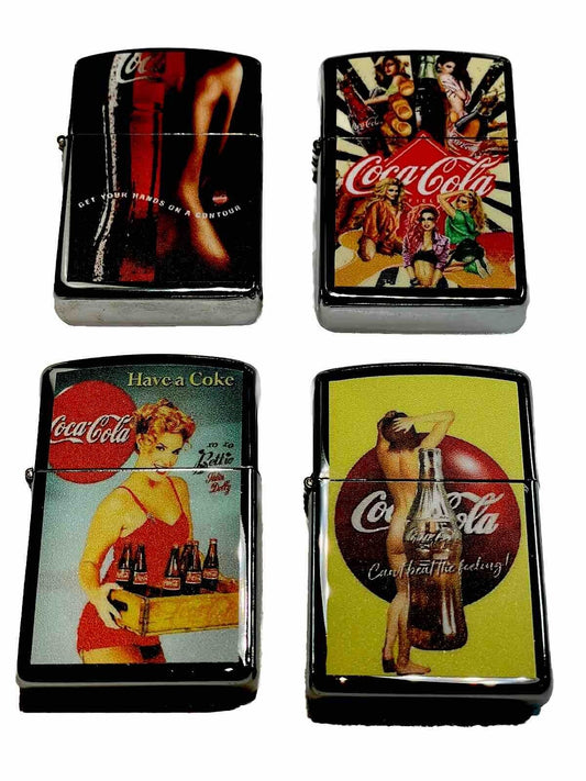 4 PCs Windproof Oil Lighters Coke Coca Cola Novelty Designs Start Collect Hobbie