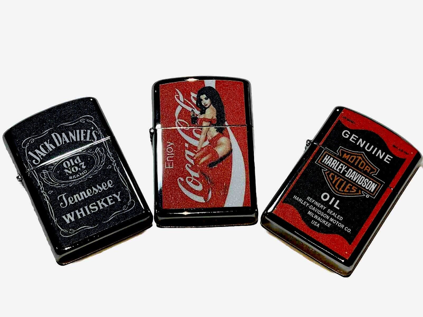 3 PCs Windproof Oil Lighters Vintage Style Jack Daniels &Coke Harley Davidson