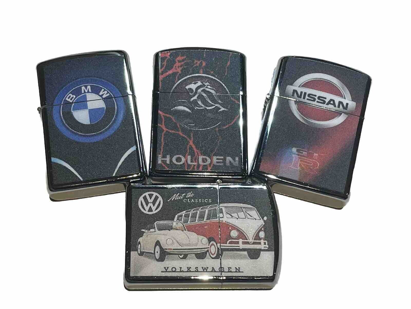4 PCs Wind Proof Oil Lighters BMW Holden Volkswagen Nissan Novelty Designs