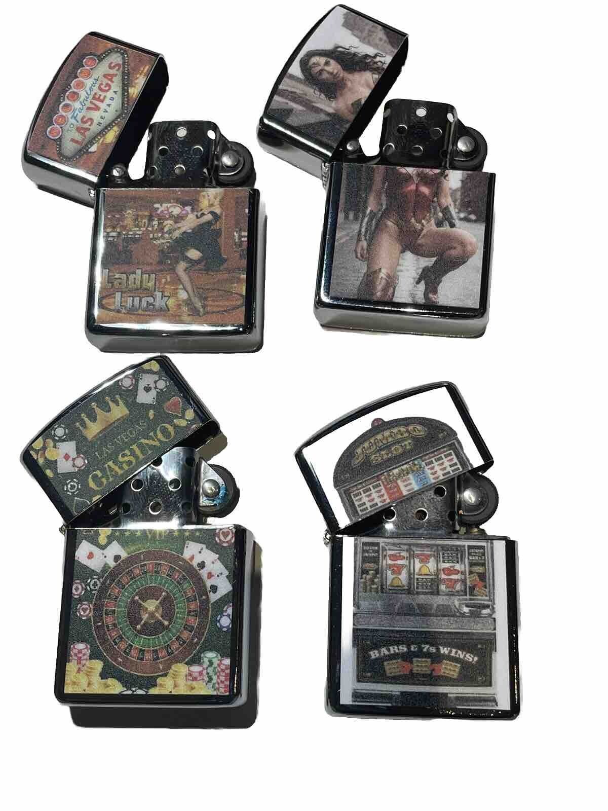 4 PCs Windproof Oil Lighters Las Vegas Casino Nevada Pokies Wonder Woman Design