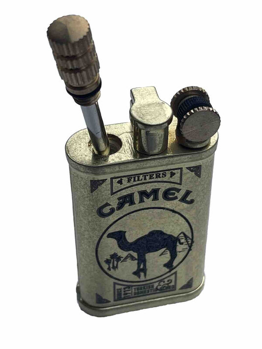 2 in 1 Lighter Camel DesignMatch Stick Antique Brass Lift Arm Oil Camping Winter