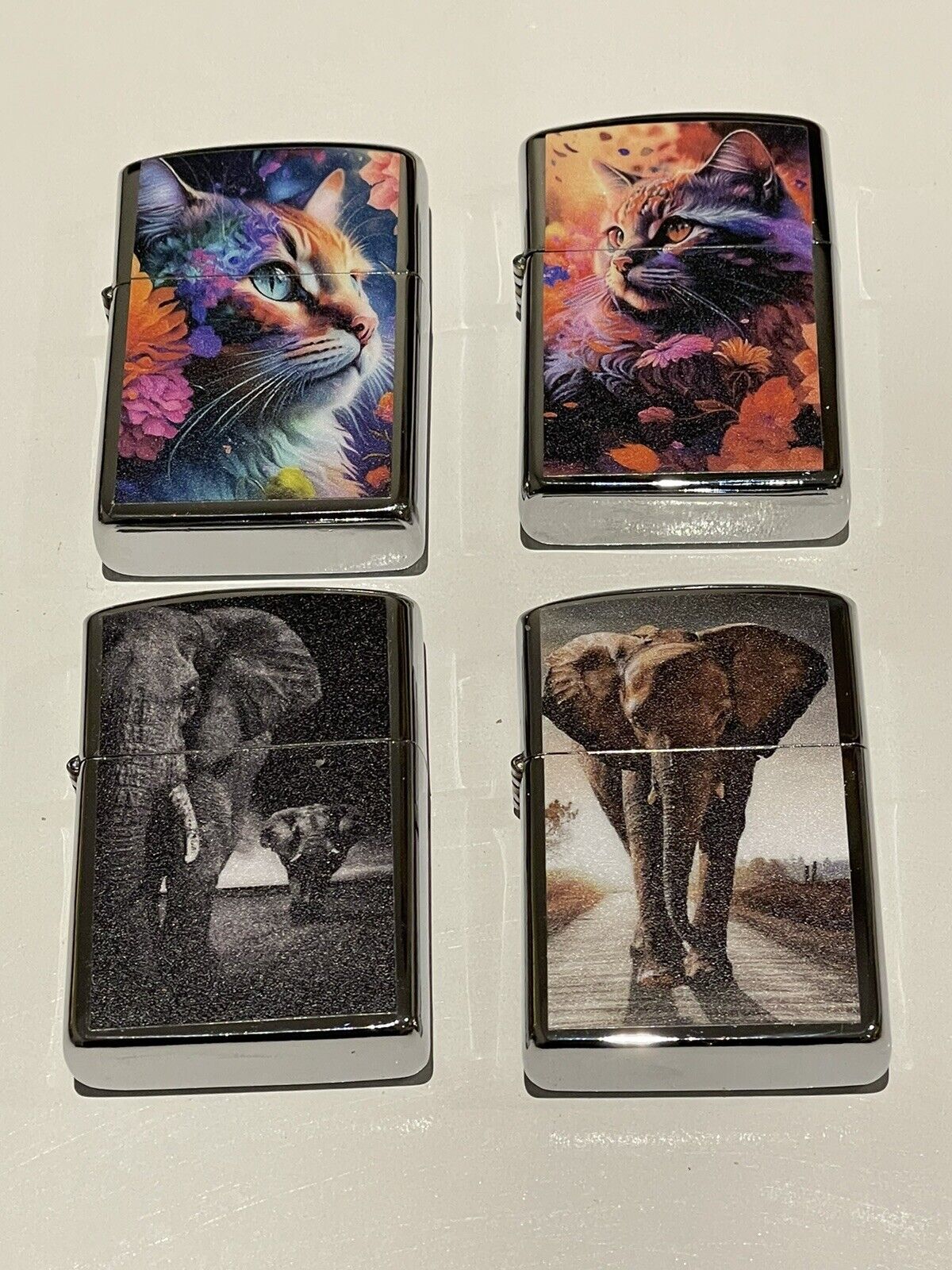 4 PCs set windproof Oil Lighters Unbranded lucky cat art and elephant designs