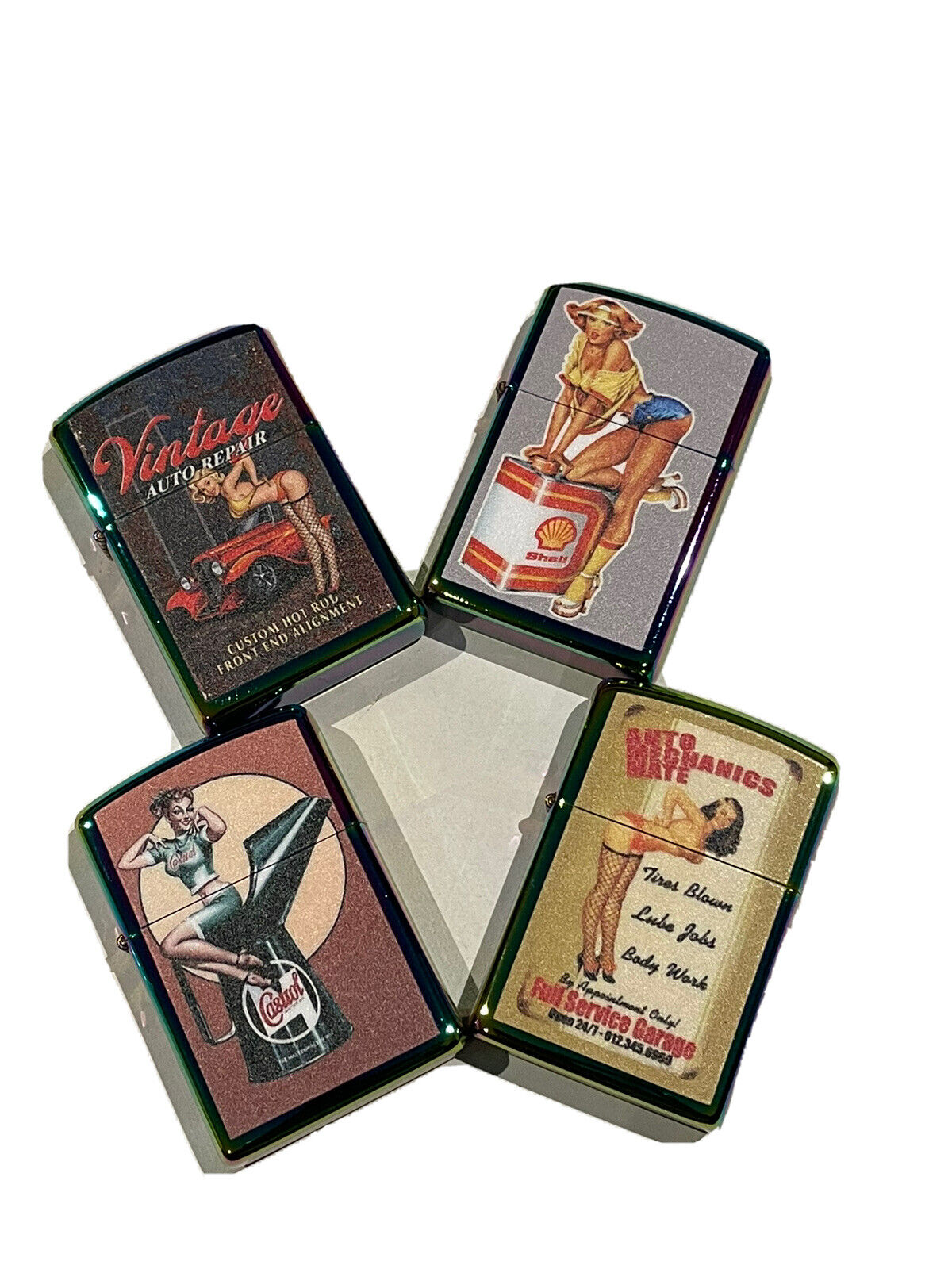 4 PCs  Windproof Oil Lighters Unbranded Shell Castrol  Oil Auto Mechanic Vintage
