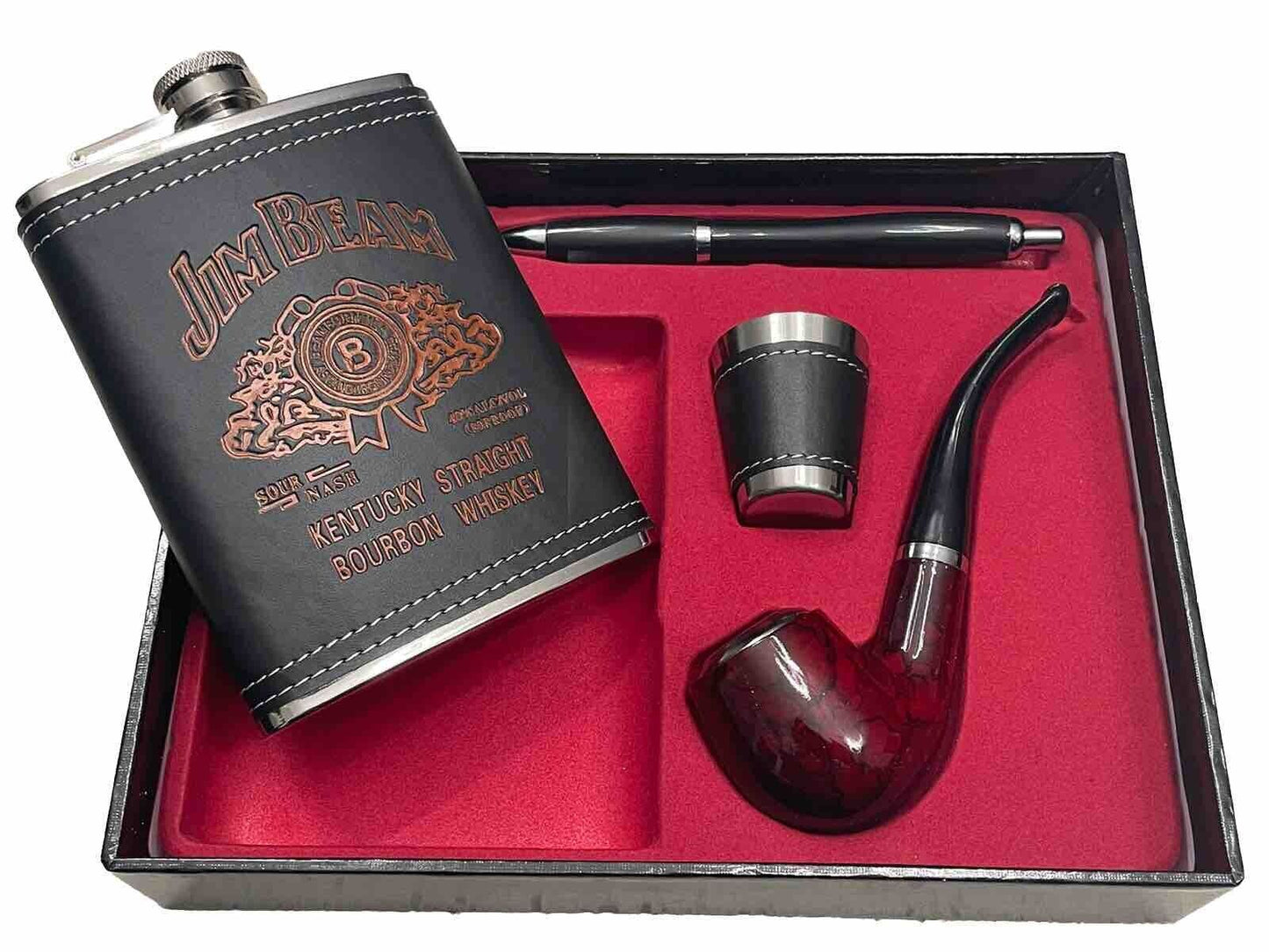 Jim Beam Bourbon Whiskey Flask Pipe Shot Glass Pen Classical Gift Set Collectibl