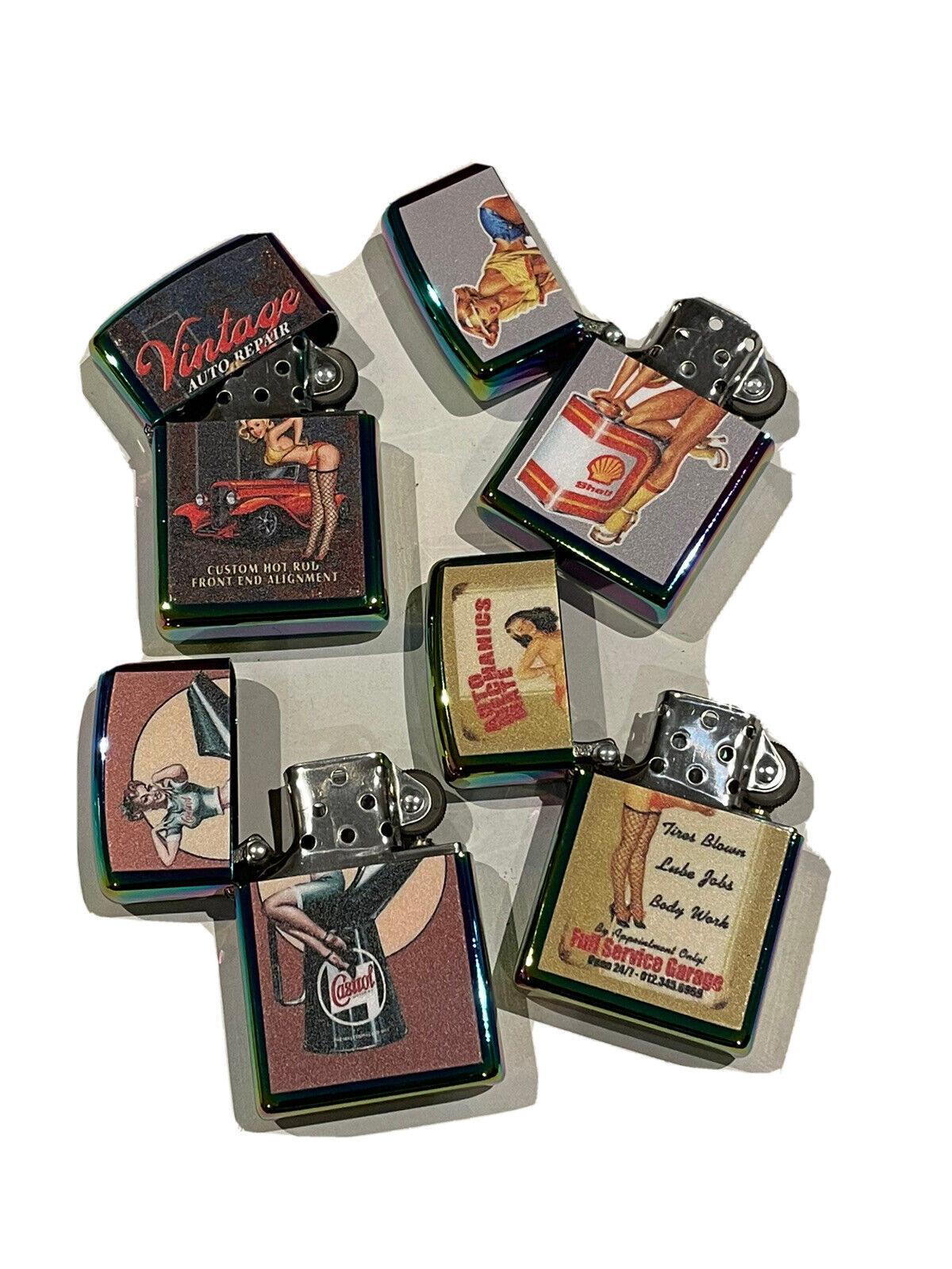 4 PCs  Windproof Oil Lighters Unbranded Shell Castrol  Oil Auto Mechanic Vintage