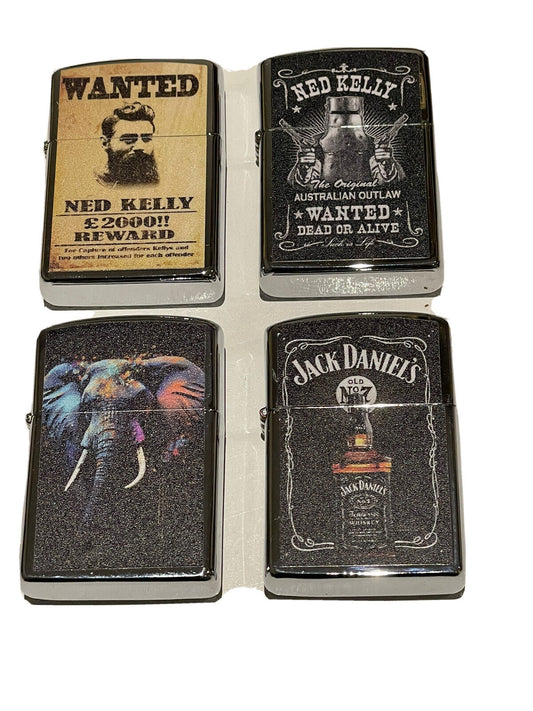 4 PCs windproof Oil Lighters Unbranded Ned Kelly jack Daniels elephant designs