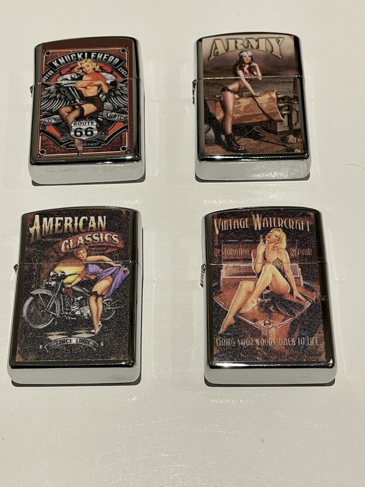 4 PCs set windproof Oil Lighters Unbranded Route 66 American classics Army