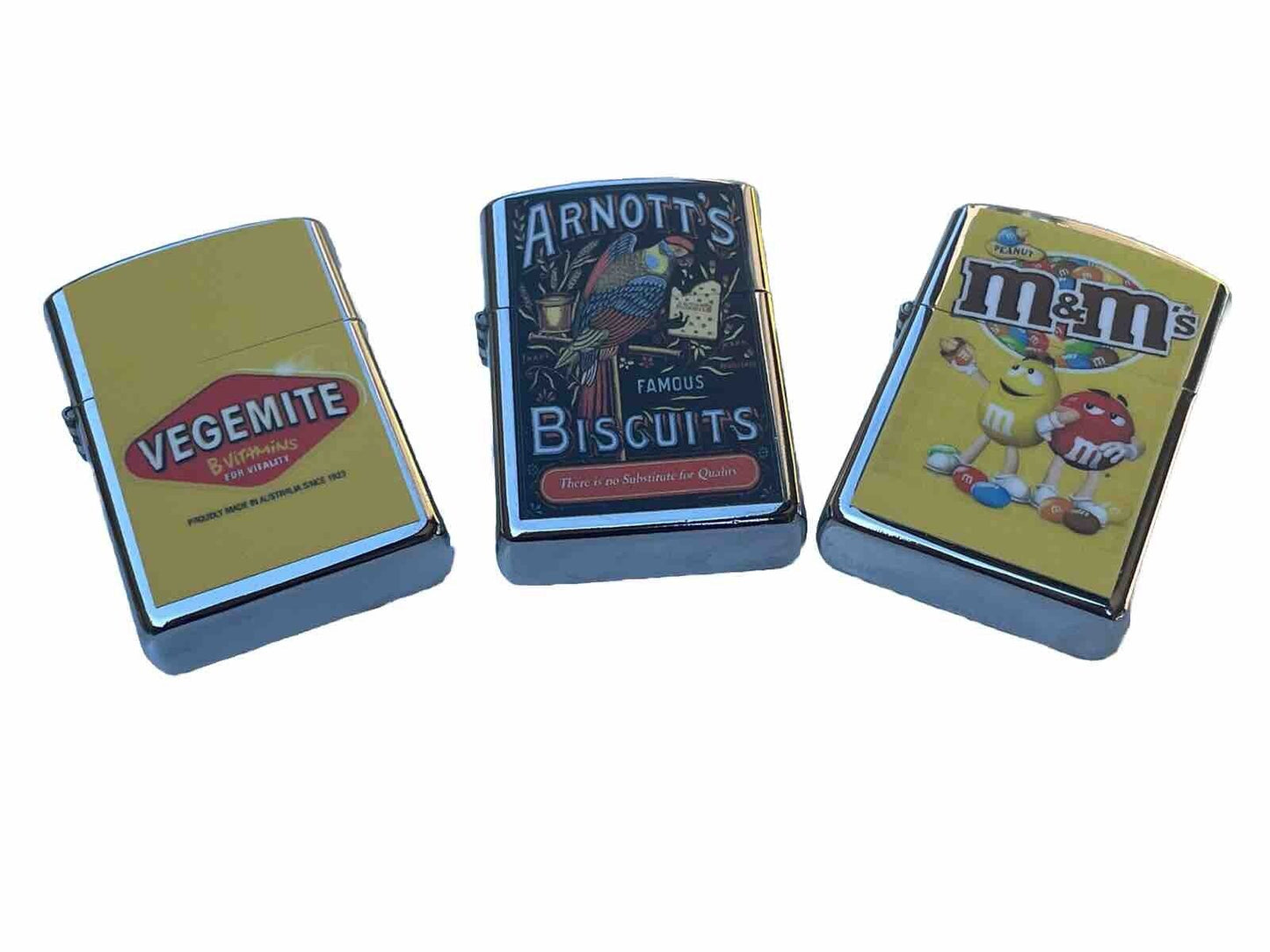 3 PCs Windproof Oil Lighter Novelty Designs Arnotts Biscuits Vegemite M&m”s Coco